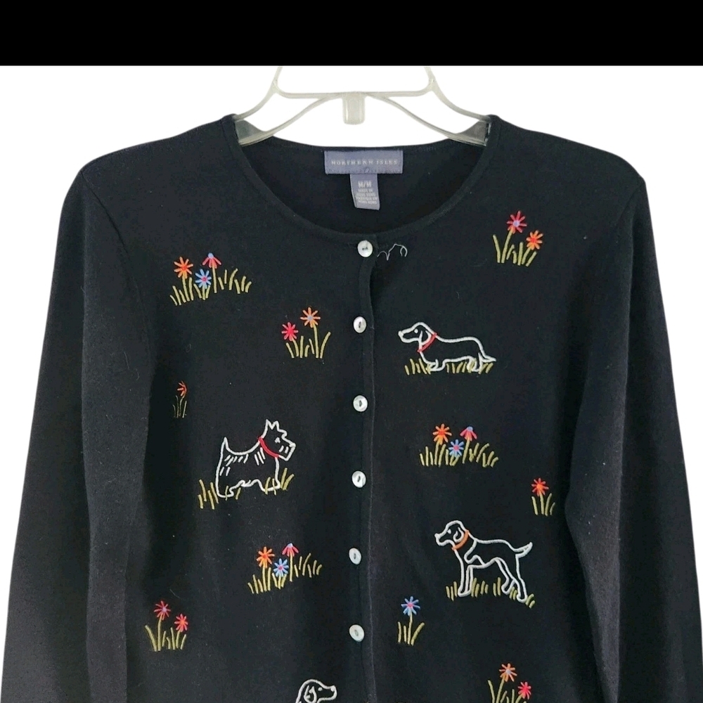 Northern Isles Black Embroidered Dog Theme Button Cardigan Sweater Womens Size M - Picture 2 of 10